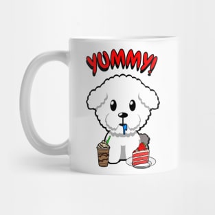 Cute furry dog is having coffee and cake Mug